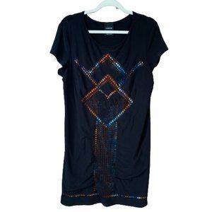 Cartise US 14 Black Stretchy Short Sleeve Women's Multicolor Lined Dress EUC